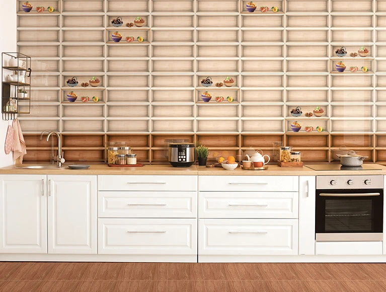 Simple kitchen design paired with neutral-toned cabinetry and fruit inspired backsplash